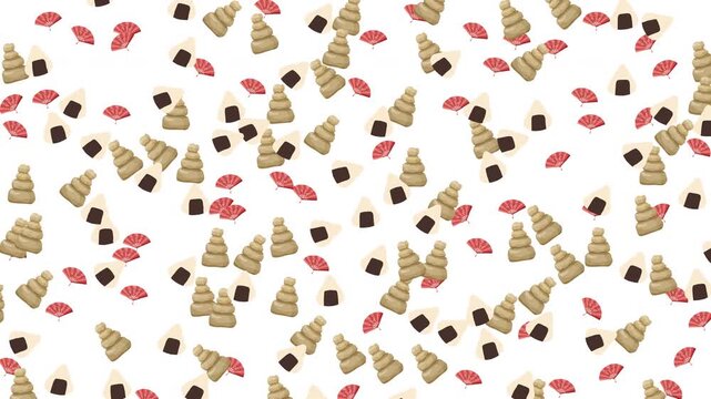 Japanese cultural pattern with onigiri rice balls dango and red folding fans on white background