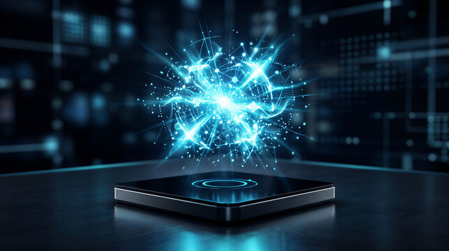 Abstract glowing blue energy sphere hovering over a digital platform.