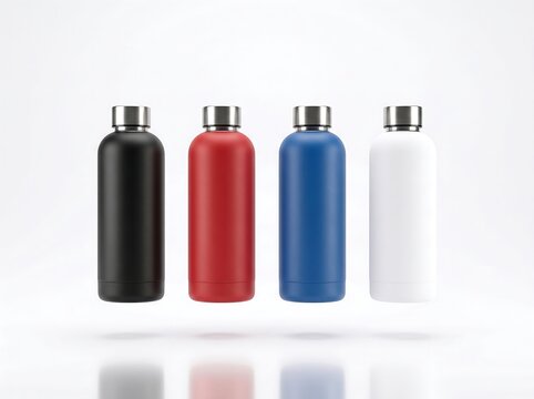 Four colorful reusable steel water bottles floating on white background