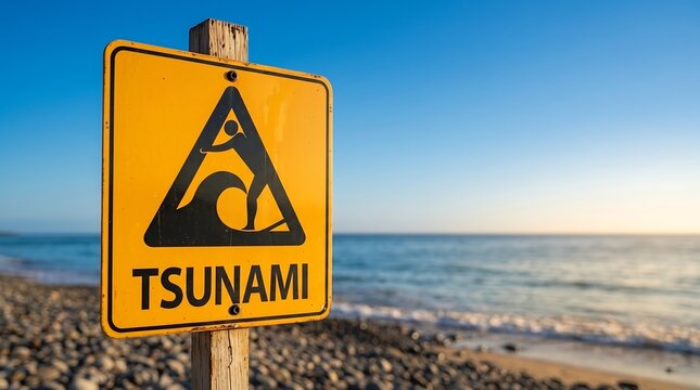 Yellow Tsunami Warning Sign on a Coastal Beach
