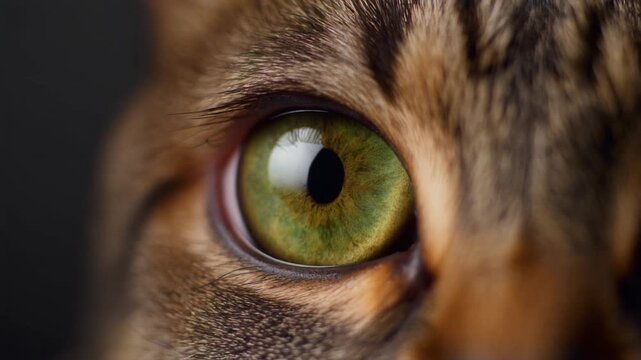 Extreme macro footage of a single realistic feline eye, rich moss-green iris with irregular patterns for International Cat Day