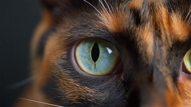 Extreme macro footage of a single realistic cat eye, bright aqua iris with irregular patterns for International Cat Day