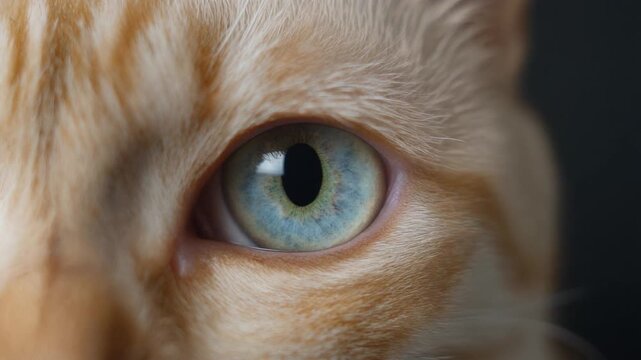 Extreme macro footage of a single realistic cat eye, pale clear blue iris with subtle irregular patterns for International Cat Day