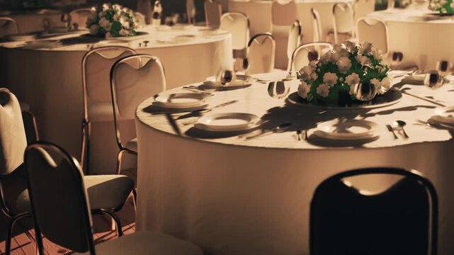 Tables with white tablecloths and empty chairs are arranged for a dining event. Centerpieces of flowers sit on each table in a garden at dusk.