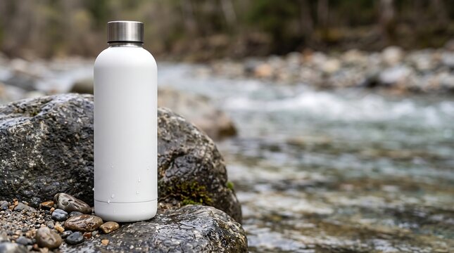 White reusable water bottle mockup on a wet rock by a mountain river