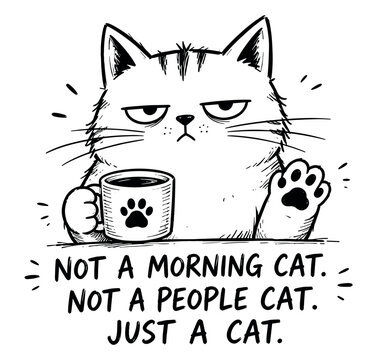 Grumpy cat with coffee mug and funny quote about not being a morning person