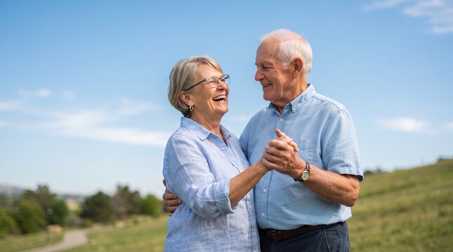 Senior Couple Holding Hands Outdoors in Bright Sunlight