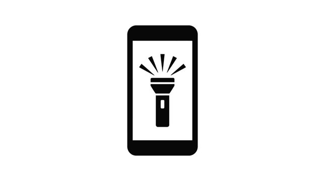 Minimalist black smartphone icon featuring a bright glowing flashlight symbol centered on a crisp clean white digital screen display interface