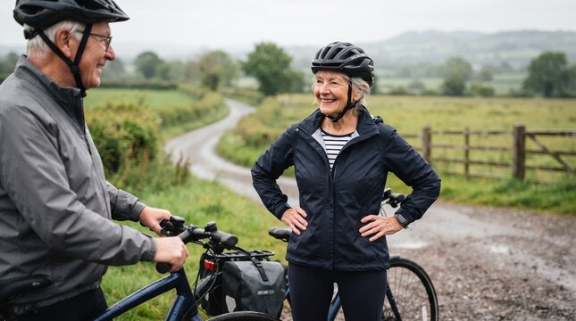 Senior Couple Enjoying Cycling Break in Nature
