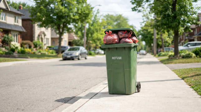 Commercial stock photo of a green plastic wheelie bin with red garbage bags on a sidewalk. Residential neighborhood street background with green trees for waste sorting and eco concept.