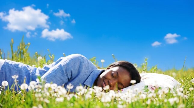 Peaceful Black Woman Sleeping in Flower Meadow on Sunny Day