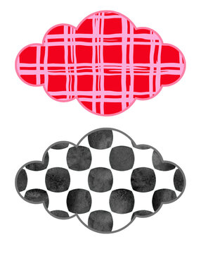 Decorative Cloud Shaped Graphic Elements with Pink Plaid and Black White Polka Dot Patterns
