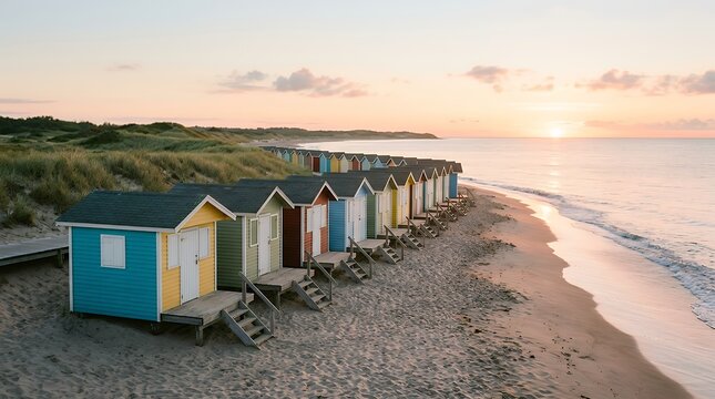 Row of Colorful Wooden Seaside Bathing Cabins Along Coastal Shore Illuminated by Soft Morning Sunrise Sunlight Creating Calm Serene Summer Vacation Holiday Mood beach hut cabin morning sunrise coast