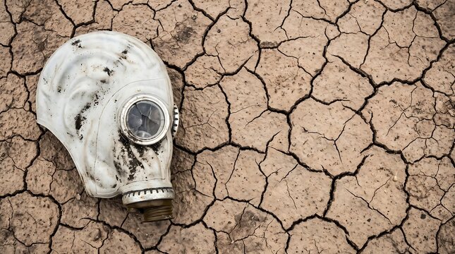Gas Mask on Dry Cracked Earth Symbolizing Environmental Crisis