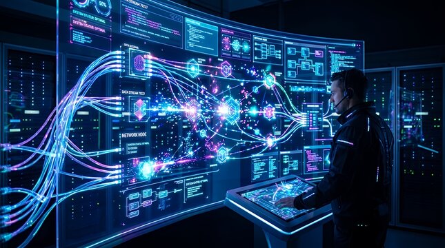 Vibrant Cybernetic Technology Network Display with Glowing Fiber Optics and Dynamic Digital Data Nodes background futuristic tech technology colorful abstract digital cyber network data glow glowing