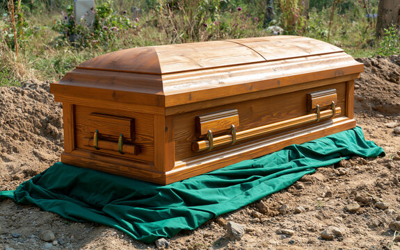Coffin is placed on green cloth at burial site during funeral ceremony setting is cemetery