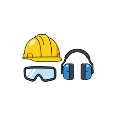 Fototapeta premium Personal Protective Equipment Icon Featuring a Hard Hat, Safety Goggles, and Ear Protection Headphones, Representing Workplace Safety Gear Used in Construction and Industrial Environments