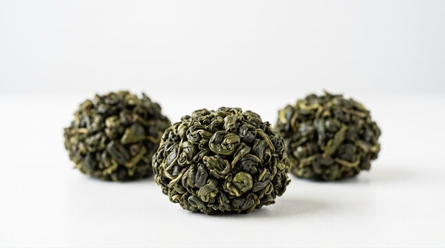 Three perfectly rolled premium green tea pearls on a clean white surface. This natural beverage ingredient promotes wellness and a sustainable, healthy lifestyle.