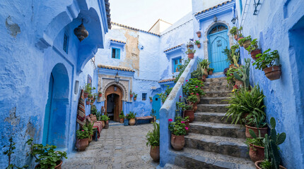 Obraz premium Scenic wide-angle stock photo of a cozy blue courtyard with potted plants in Chefchaouen. Beautiful moroccan architecture landscape for travel website background and tourism design.