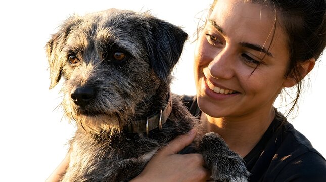Happy young woman volunteer smiling while cradling a cute scruffy rescue dog to encourage people to adopt dog