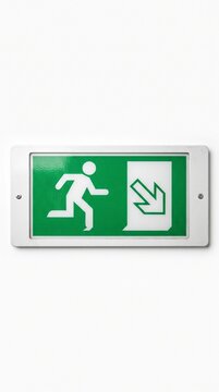 Emergency exit sign with running person and arrow pointing down