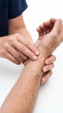 A medical professional gently checks a patient's pulse on their wrist. The patient's arm shows signs of aging, with freckles and wrinkles, while the medical professional's hands are smooth and caring