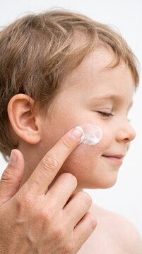 A close-up shot of a child's face as a hand applies sunscreen. The child has fair skin and is smiling gently with eyes closed, suggesting a pleasant experience