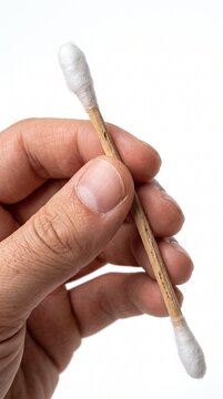 A hand holding a cotton swab made of wood and cotton