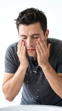 A man washing his face with water in front of a white background. He has his eyes closed and his hands are rubbing his face