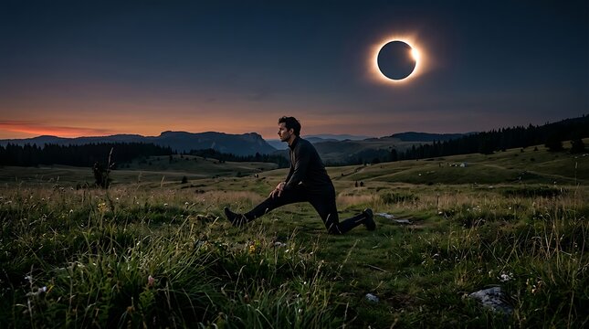 Man stretching in a meadow during a total solar eclipse