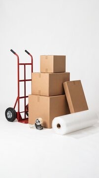 Moving boxes stacked with a hand truck and packing supplies, ready for relocation
