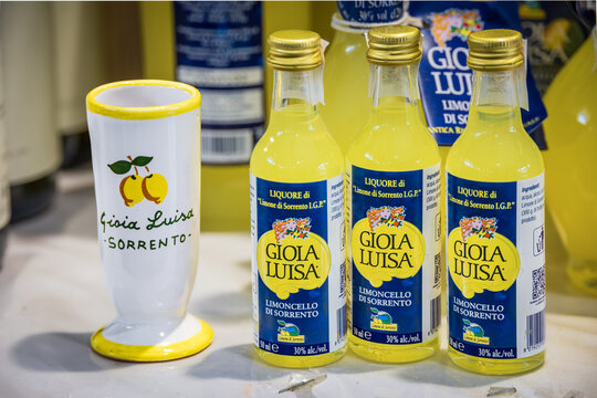 Traditional Ligurian limoncelo lemon liqueur at the farmers in Sanremo, Italy