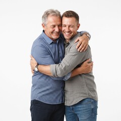 Fototapeta premium Two men of different generations embracing warmly with smiles