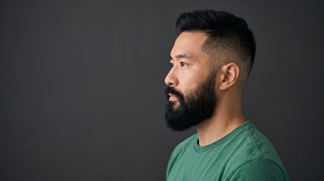Profile view of a modern and well-groomed Asian man with a stylish beard and fade haircut