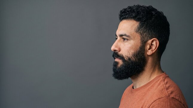 Thoughtful Man's Profile Serene Gaze and Full Beard Against a Minimalist Grey Background