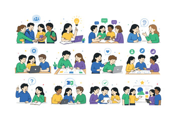 Fototapeta premium Student Collaboration Skills. Teamwork, group projects, communication, discussion, ideas, technology, cooperation, support, classrooms, and learning communities. 12 minimalist editorial vector scenes: