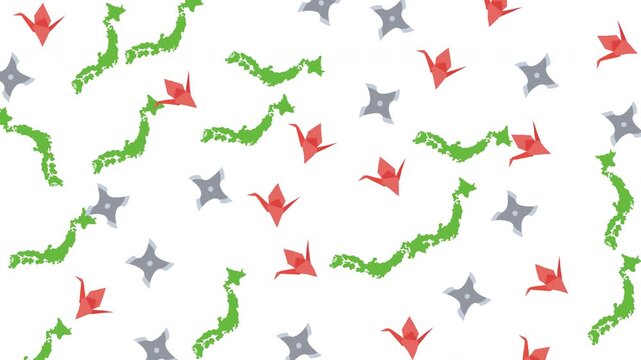 Japanese Cultural Seamless Pattern with Origami Cranes, Shurikens, and Japan Map Outlines