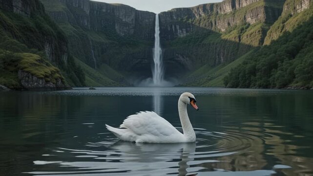 White Swan on Surreal Lake with Waterfall Flowing Upward