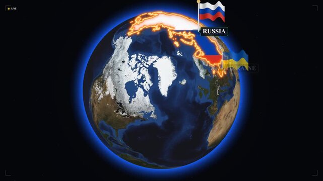 3D globe animation with highlighted russia and ukraine borders and national flags for geopolitical news and international conflict analysis