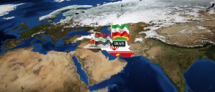 3D map animation of iran and iraq with national flags and glowing borders for geopolitical news and international relations analysis
