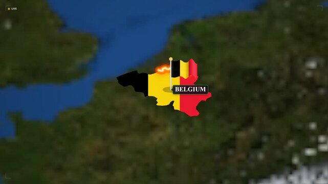 Animated map of belgium with glowing border and national flag pin european country geography and travel concept