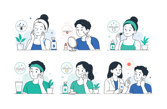 Acne Treatment Routine, clean editorial illustration set of 6 separate mini scenes in a 3x2 layout showing gentle cleansing, acne spot treatment, pore care, exfoliation, oil control and sun