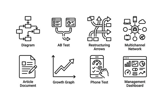 Management Process Analytics, line icon set featuring diagram, AB test, restructuring arrows, multichannel network, article document, growth graph, phone test and management dashboard, covering