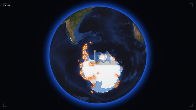 Antarctica continent map location pin on rotating earth globe 3D animation planet