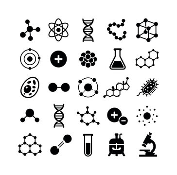 Molecular Science Symbols, solid glyph icon set of 25 fully filled black icons in a 5x5 grid showing molecule, atom, DNA, protein chain, crystal lattice, electron orbit, proton, nucleus, laboratory