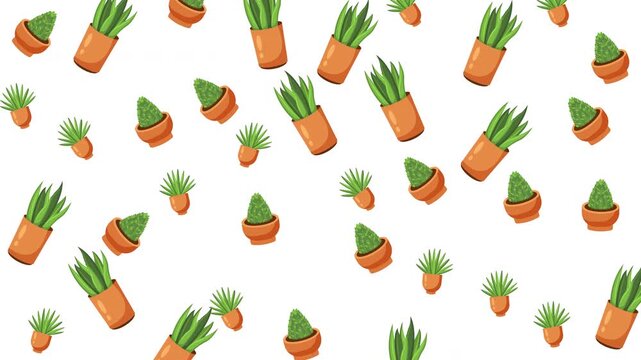 Seamless pattern of various green potted plants and cacti on a clean white background.