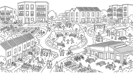 Fototapeta premium Sustainable urban community line art with people and green spaces