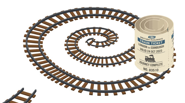 A spiraling train track unfurls from a vintage train ticket, suggesting an endless journey.