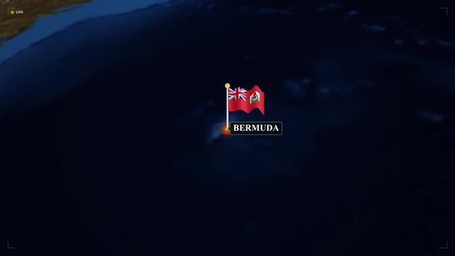 Bermuda island location map pin with national flag, digital globe animation, atlantic ocean geography and travel concept