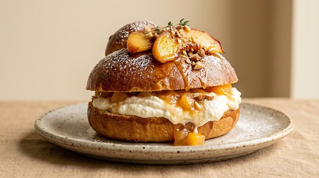 Delicious brioche pastry with whipped cream and peach fruit